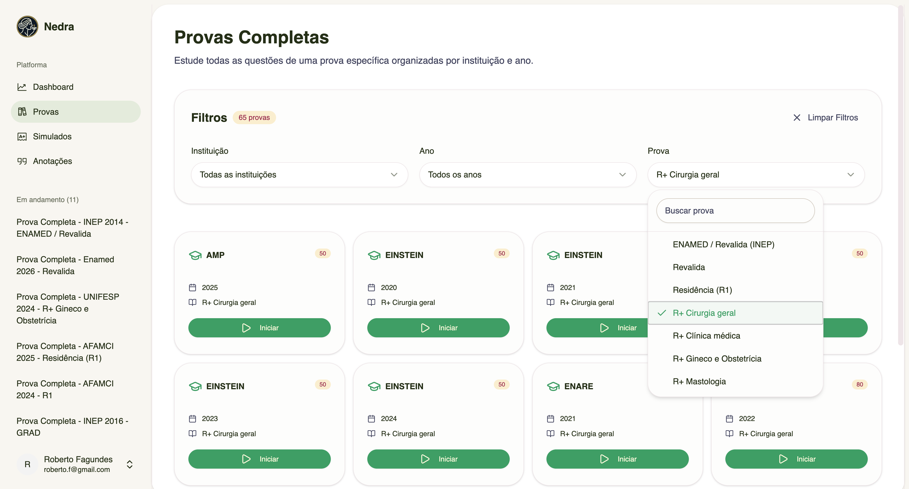 Dashboard da plataforma Nedra 1 mostrando gráficos de desempenho, cronômetro e analytics de estudo