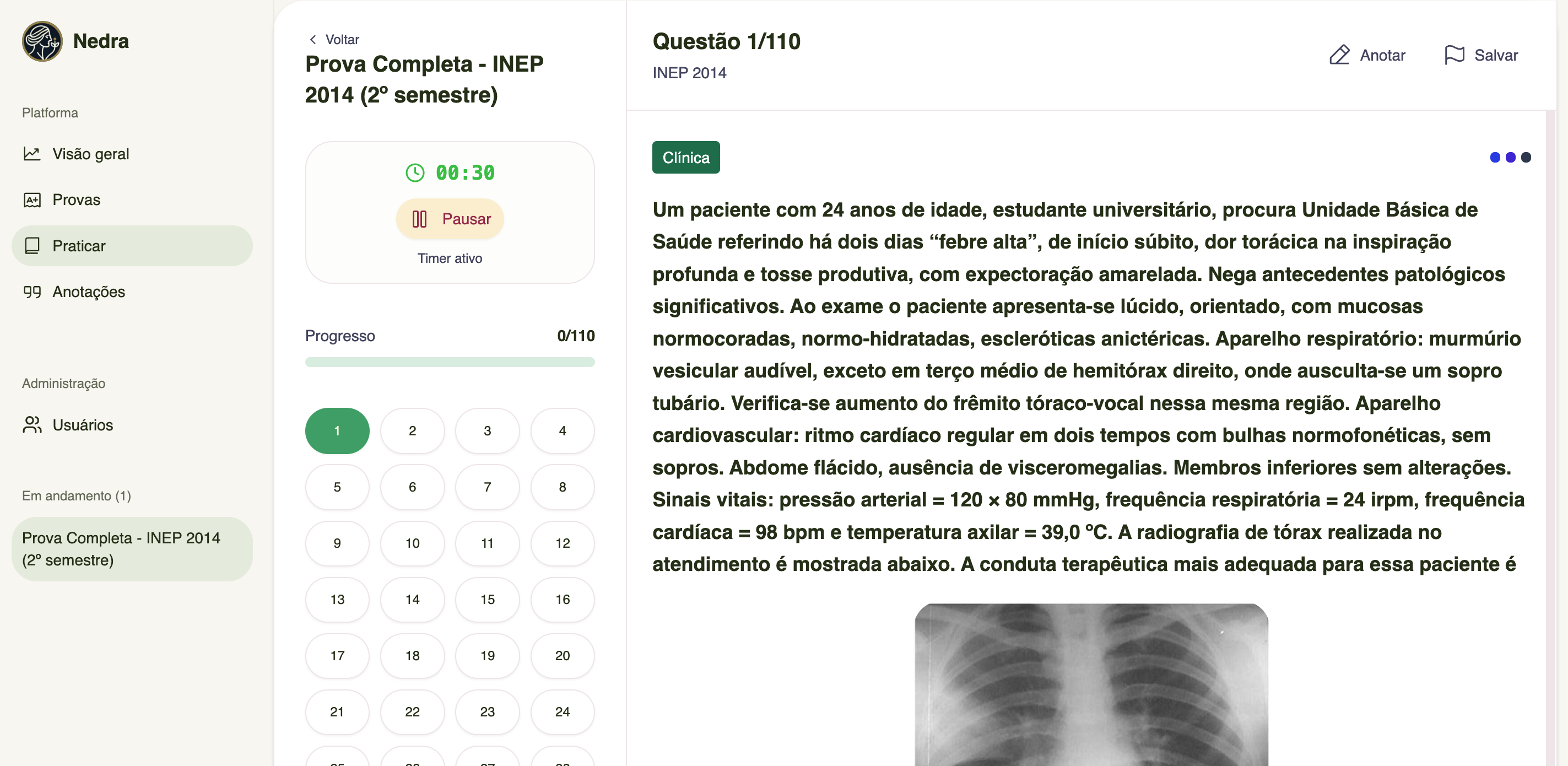 Dashboard da plataforma Nedra mostrando gráficos de desempenho, cronômetro e analytics de estudo