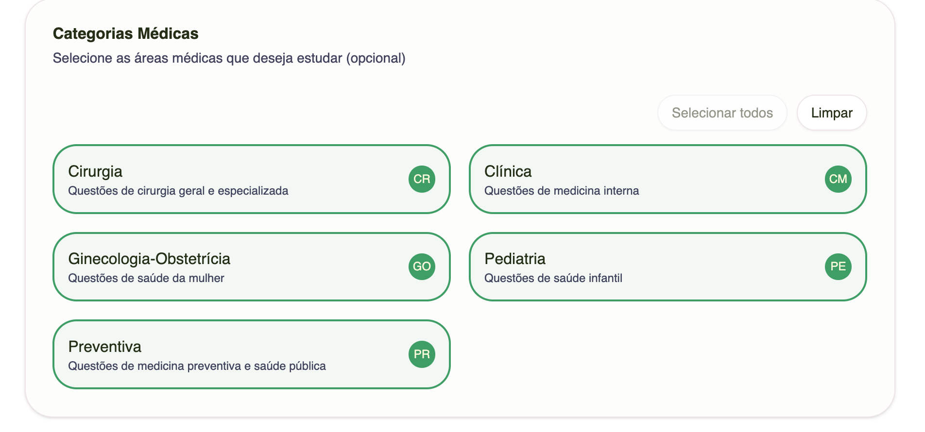 Interface do banco de questões organizadas por especialidades médicas